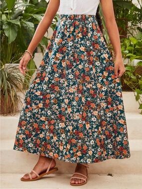 Women's Floral Maxi Skirt in Teal with Rust and Cream Accents
